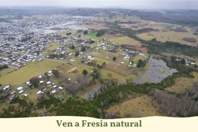 Fotografía de la zona de Fresia, con la frase de "Ven a Fresia natural"