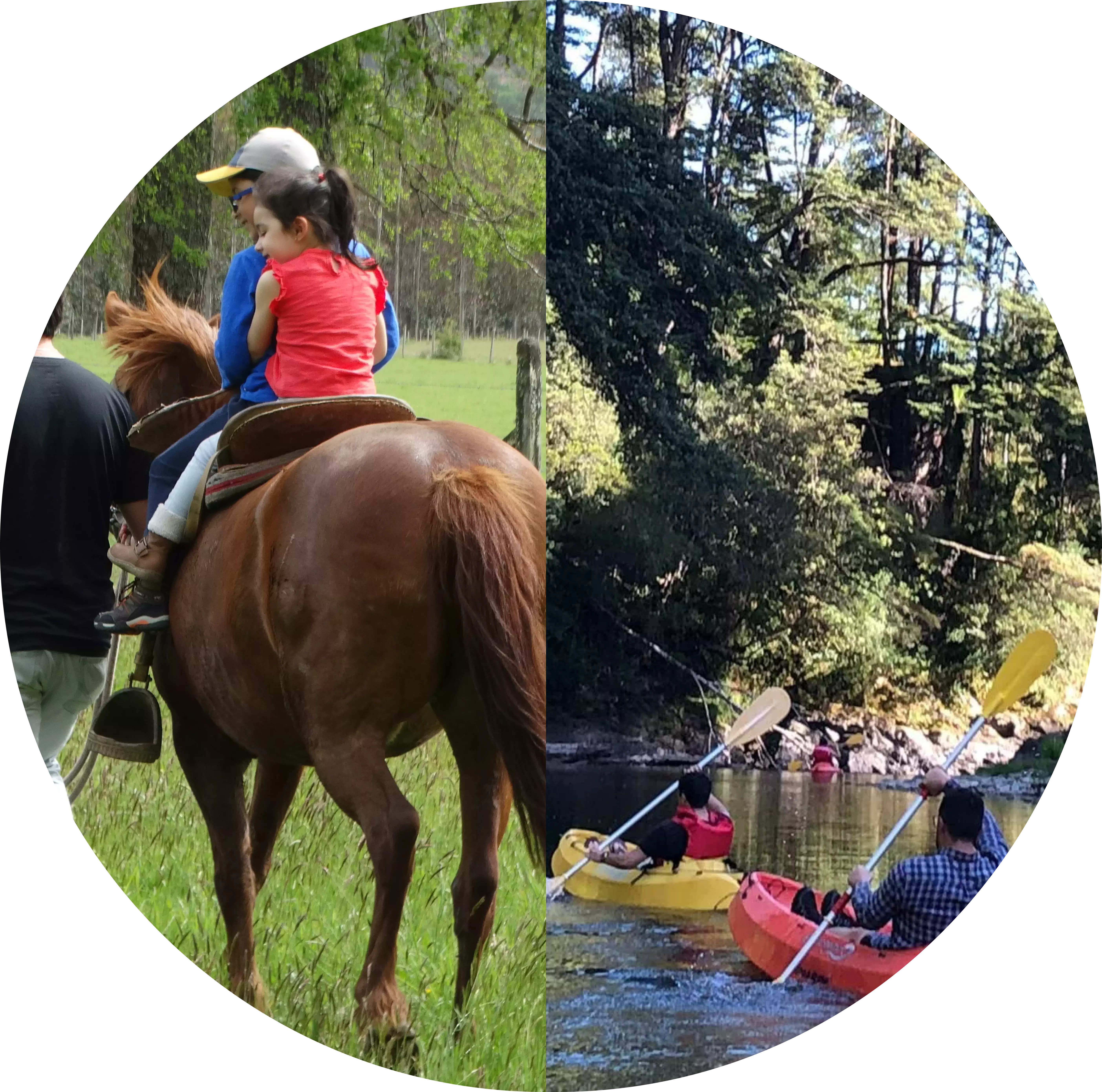 Collage de dos fotografías, en la izquierda una de una persona cabalgando un caballo y unas personas haciendo kayak en un rio.